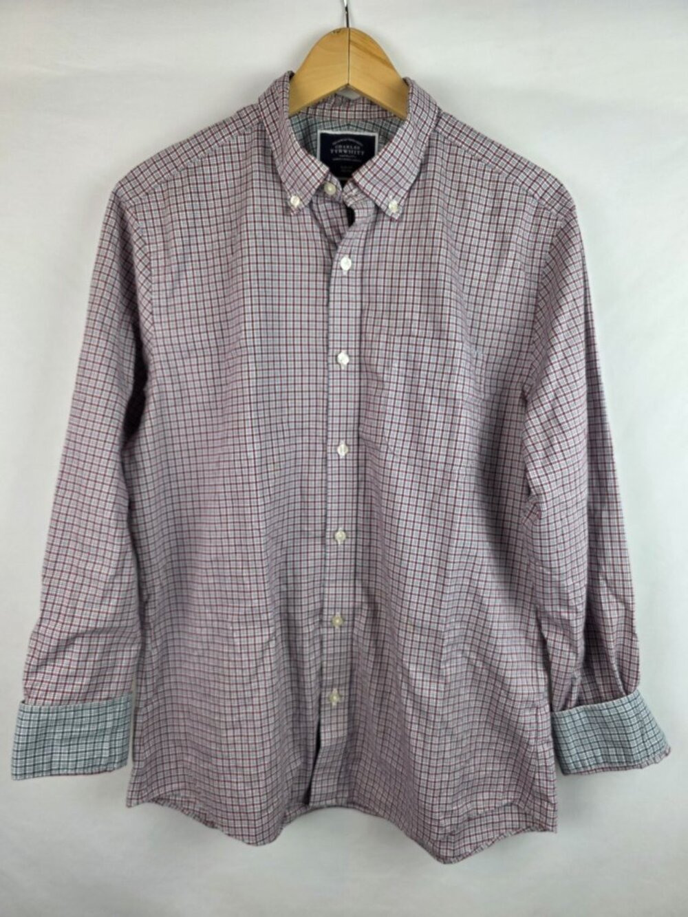 Charles Tyrwhitt Men's Shirt Size Med Red Plaid Long Sleeve Button Down Slim Fit